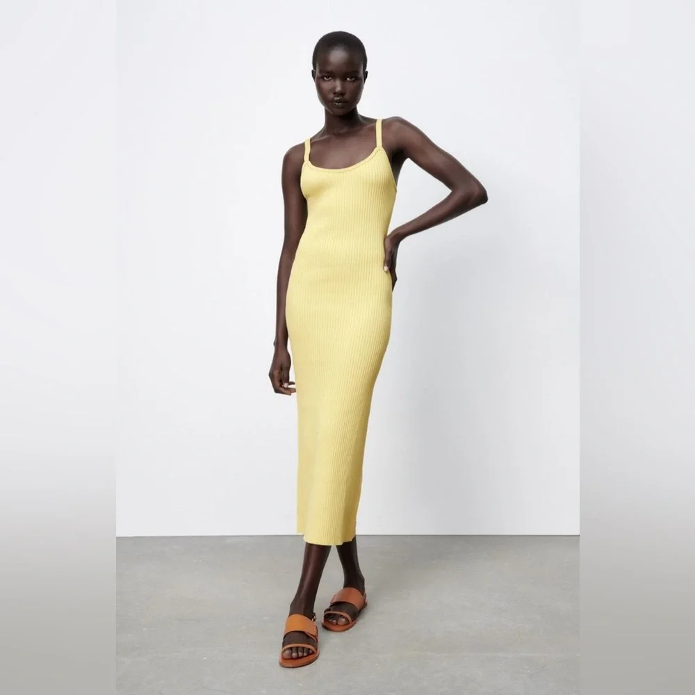 Zara butter yellow knitwear bodycon spaghetti strap midi dress. Backless. Medium - Picture 4 of 7